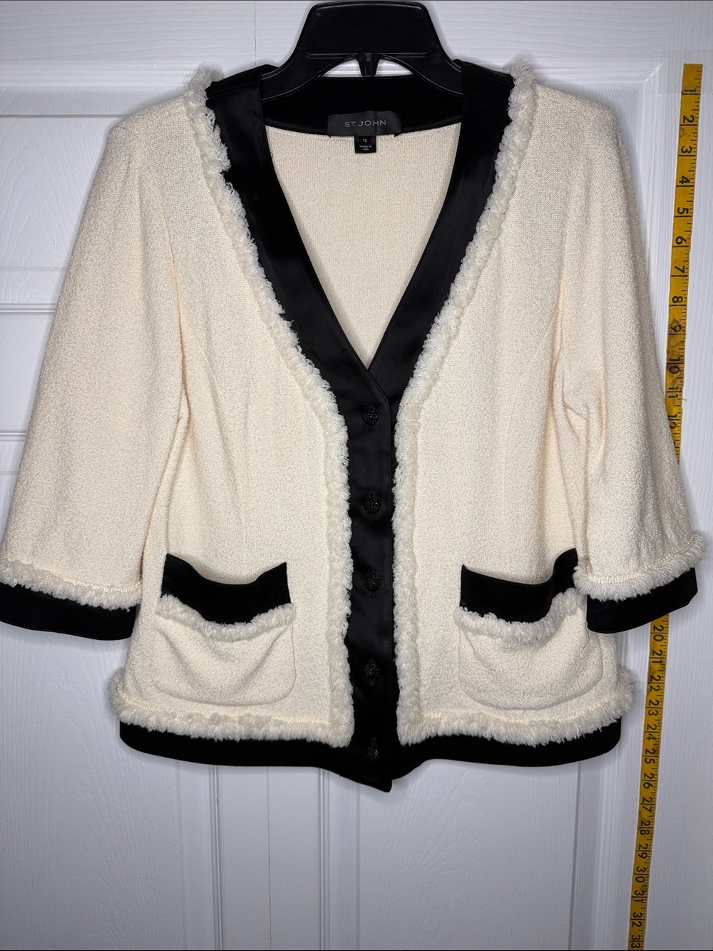 St. John Cream Bouclé Jacket with Black Trim Silk Accents